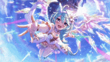 a girl with blue hair and wings is flying in the air
