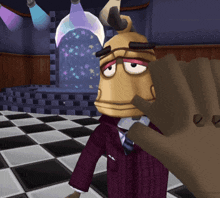 a cartoon character in a suit and tie is standing in a room with a checkered floor