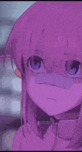a girl with purple hair and blue eyes is holding a knife .