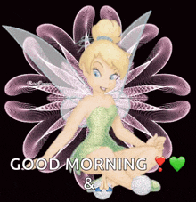 a fairy with wings is sitting on a flower and says good morning