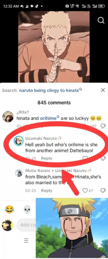 a screenshot of a naruto being clingy to hinata page