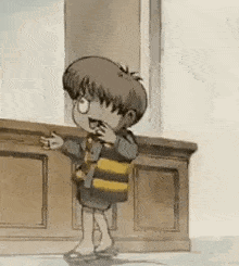 a cartoon character is standing in front of a window and talking on a cell phone .