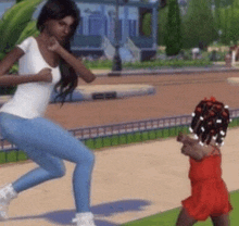 a woman is running towards a little girl in a red dress .