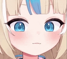 a close up of a cartoon character 's face with blue eyes .
