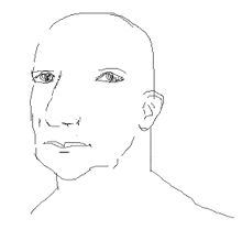 a drawing of a bald man 's face with a serious look on his face .