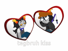 two hearts with cartoon characters inside of them and the words tegbruh kiss below them