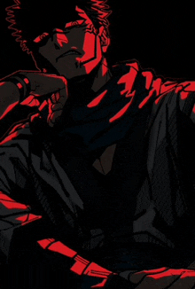 a black and red drawing of a man with a scarf around his head