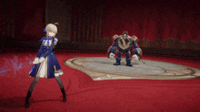 a girl in a blue dress is standing in front of a robot on a red carpet