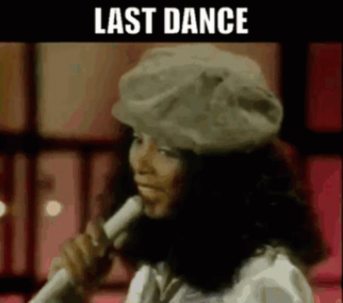 Gif is a clip from Soul Train of Donna Summer singing with the words "Last Dance" written across the image.