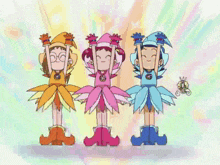 three cartoon characters are standing with their arms in the air
