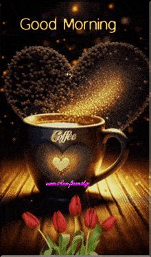 a cup of coffee with a heart in the middle and the words good morning