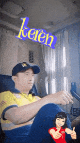 a man in a yellow shirt is sitting in a chair with the word keren behind him