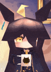 a pixel art drawing of a person holding a coffee mug with a cat on it