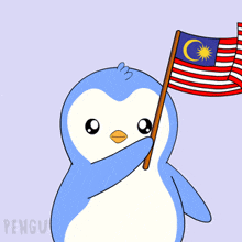 a penguin holding a flag with the word penguin on the bottom