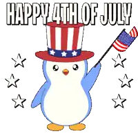 a penguin wearing an uncle sam hat is holding an american flag