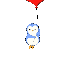 a pixel art penguin holding a red heart shaped balloon