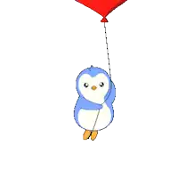a pixel art penguin holding a red heart shaped balloon