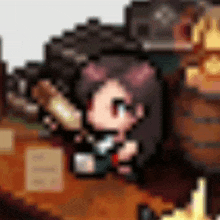 a pixel art of a girl sitting at a table holding a bottle of wine .