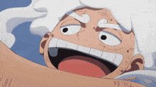 a close up of a cartoon character with white hair and a big smile