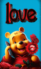 winnie the pooh is holding a flower and talking on a cell phone with the word love above him
