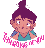 a cartoon of a girl with the words " thinking of you " written around her