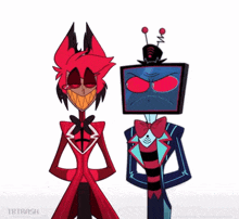 two cartoon characters are standing next to each other and one has a tv on his head .
