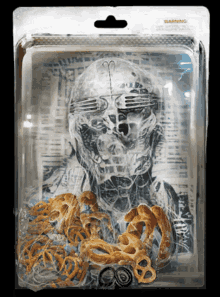 a plastic bag with a picture of a skull and pretzels inside of it