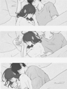 a black and white drawing of a man and a woman sleeping in bed .