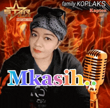 a woman stands in front of a microphone with the words mkasih written on the bottom