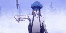a cartoon character with long hair and a blue hat is holding a gun .