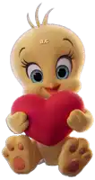 a tweety bird is holding a red heart with the letters a.c. on its head
