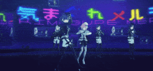 two anime girls are dancing in front of a sign that says x