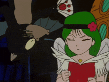 a cartoon drawing of a woman with green hair and angel wings
