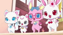 a group of cartoon characters are standing next to each other with one wearing glasses