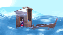 a woman in a red dress is standing in a small wooden house in the middle of the ocean