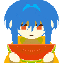 a pixel art drawing of a girl with blue hair
