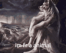 a painting of a wolf sitting on a rock with the words im fra animal below it