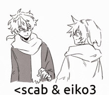 a black and white drawing of two anime characters with the words scab & eiko3