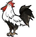 a cartoon rooster with a red crest and black tail is standing on a white background .
