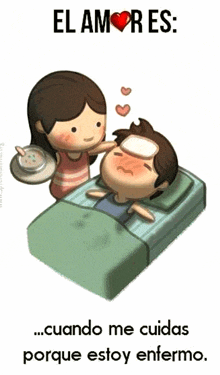 a cartoon of a woman taking care of a sick man