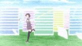 a girl is running in front of a wall with colored stripes on it
