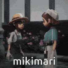 two cartoon characters are standing next to each other and they are talking to each other and the word mikimari is on the bottom right