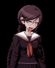 a girl in a school uniform with her tongue hanging out