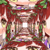 a cartoon of a girl with red hair and yellow eyes looking down a tunnel