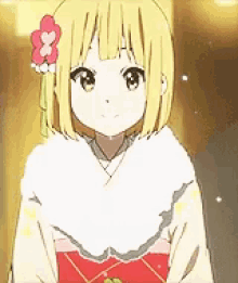 a girl with blonde hair and a flower in her hair is wearing a red and white kimono .