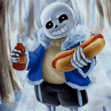 a skeleton holding a hotdog and a bottle of ketchup