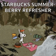 a cartoon of snoopy and woodstock having a picnic with the words starbucks summer berry refresher above them
