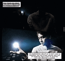 This Power Can Create,Control, And Shapevisible Light.Its Fundemental Ability Is To Emit Light Indarkness, And Has Other Various Abilitiesof Diverting One'S Sight By Blastinglisht And Creating Nlusions..Gif GIF