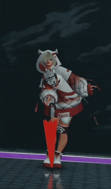 a girl is holding a red umbrella and wearing a hoodie that says " lucky "