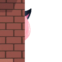 a girl with pink hair is peeking behind a red brick wall